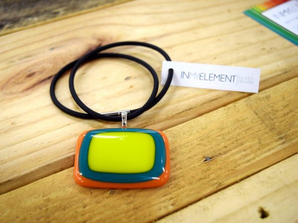 Fused glass pendant necklace lime green orange